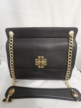 Tory Burch Black Pebbled Leather Chain Shoulder Bag with Gold Hardware